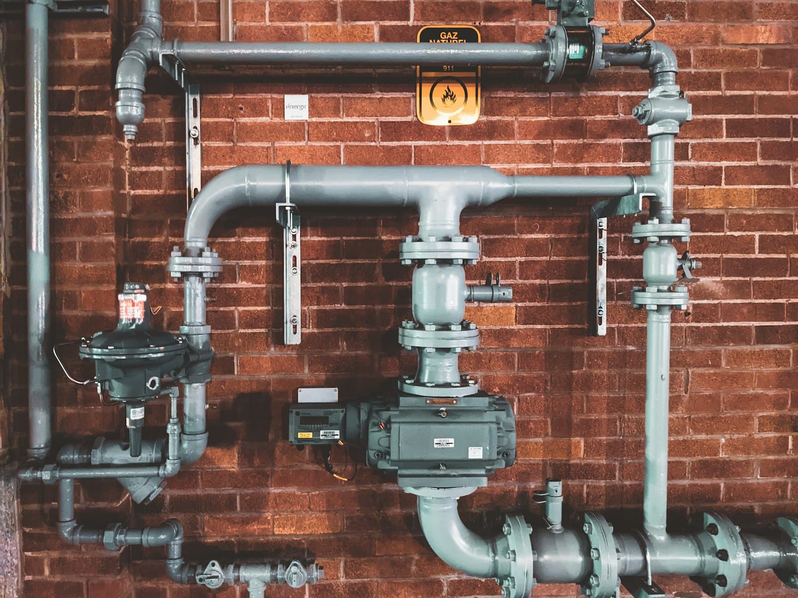 Pipes and valves on a brick wall, from the plumber example